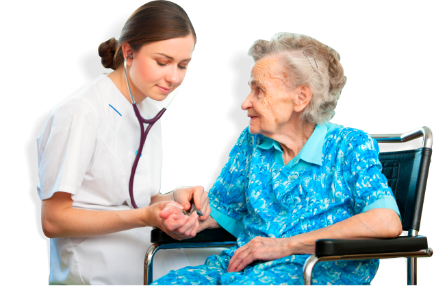 a nurse checks the health condition of the elderly woman