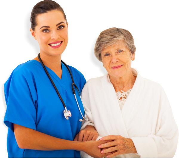 a nurse and elderly woman smiling